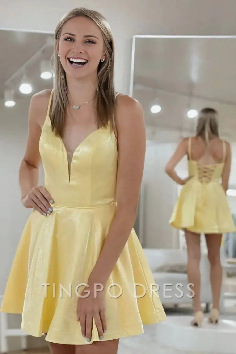 TingPo Wholesale A-line Spaghetti Straps Short Homecoming Dress With Corset Back